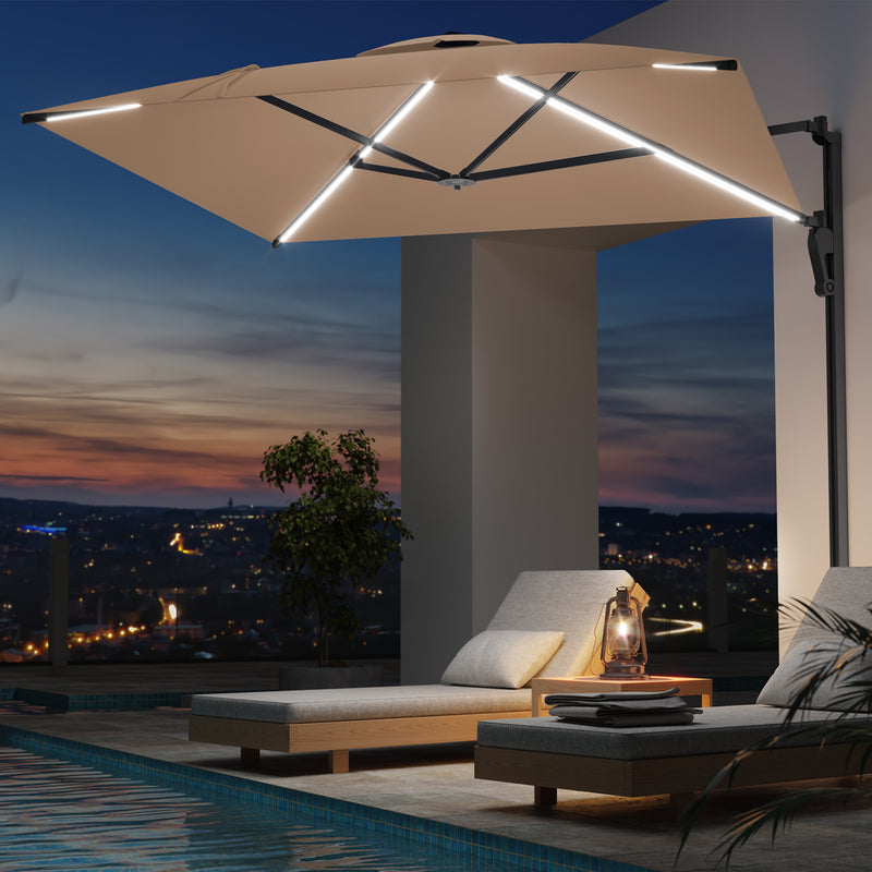AECOJOY 10 ft Wall Mounted Patio Umbrella Outdoor Rectangle Umbrella with 180° Rotation for Outside in Beige