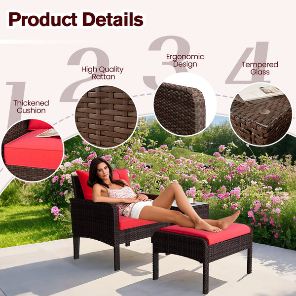 AECOJOY 5 Pieces Patio Furniture Set Rattan Wicker Chair Two with Ottoman Outdoor furniture sets in Red