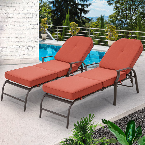 YODOLLA Set of 2 Adjustable Patio Lounge Chair with Thick Cushion Outdoor Chaise Lounge Recliner, Orange