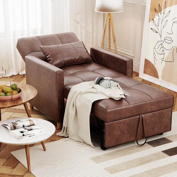 AECOJOY 3 in 1 Sofa Bed for Adults Sleeper Chair Bed Fold Out Sofa Convertible Reading Chair in Saddle Brown