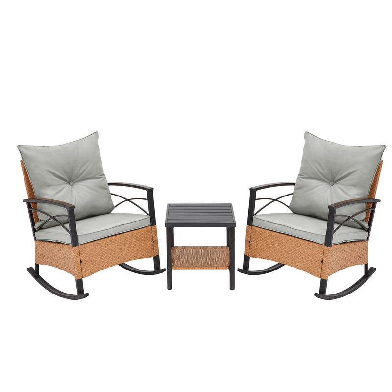 3-Piece Bistro Set: Outdoor Rattan Rocking Chairs with Cushions and Coffee Table