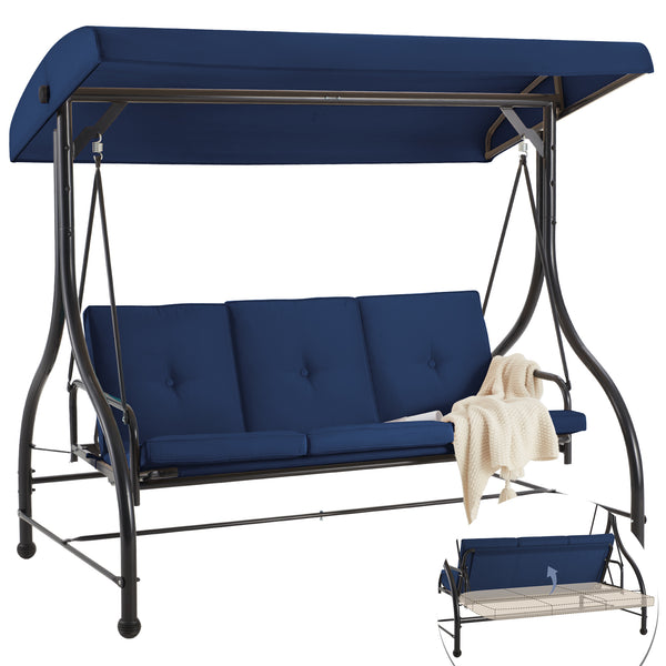 AECOJOY 3 Person Canopy Steel Porch Swing, Converting Swing Glider Hammock-Dark Blue