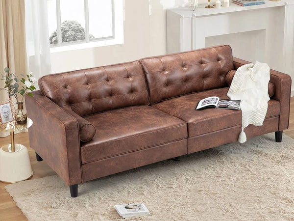 Esright 84.2" Faux Leather Couch, Mid-Century Modern Sofa Couches with 2 Bolster Pillows, 3 Seats Brown Leather Couch Sofa for Living Room, Bedroom, Office, Studio and More