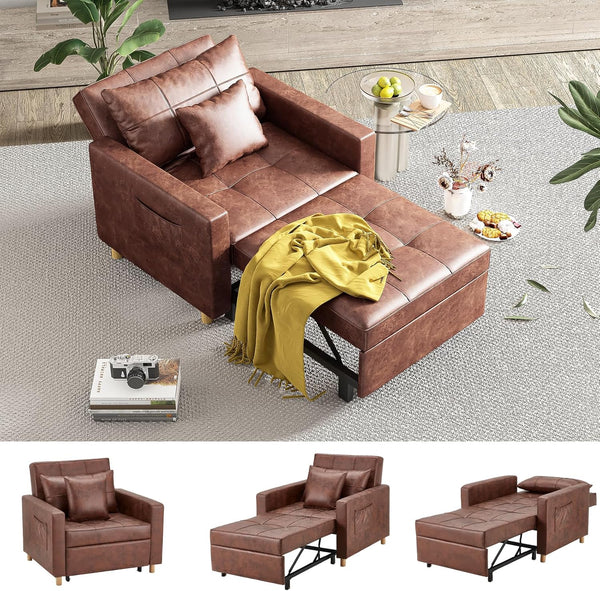 AECOJOY 3-in-1 Convertible Chair Bed Sleeper & Futon Sofa Bed Chair with Adjustable Backrest and 2 Pillows-Saddle Brown