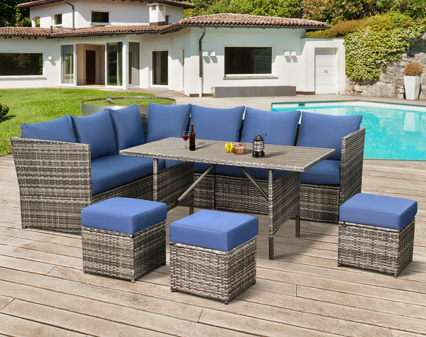 AECOJOY 7 Piece Patio Conversation Set, Outdoor Sectional Sofa Rattan Wicker Dining Furniture in Dark Blue