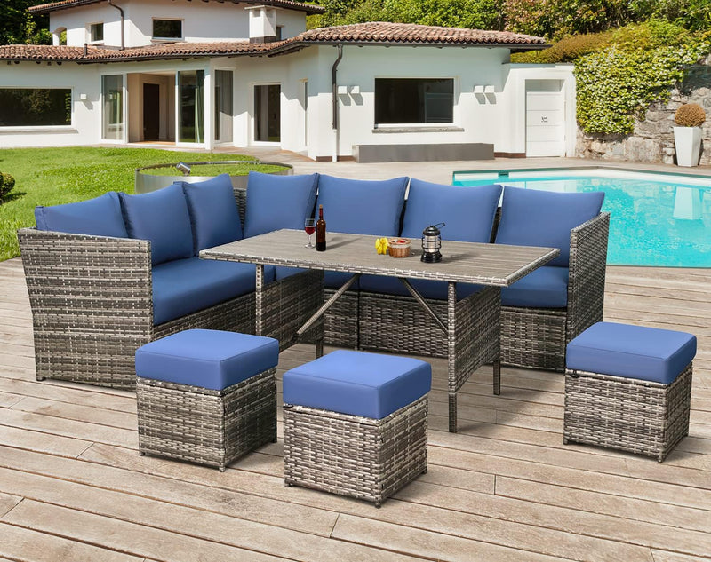 AECOJOY 7 Piece Patio Conversation Set, Outdoor Sectional Sofa Rattan Wicker Dining Furniture in Dark Blue