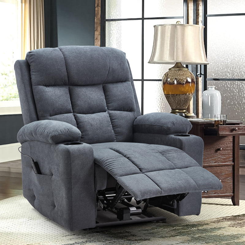 YODOLLA Oversized Nursery Electric Recliner Chair, Power Sofa with USB & Cup Holders, Breathable Leather Fabric, Home Theater Seating in Grey