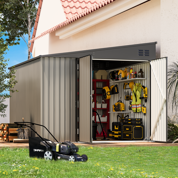 YODOLLA 8' x 10' Outdoor Metal Storage Side Shed with Lockable Door Metal Attached Lean-To Shed for Backyard in Grey