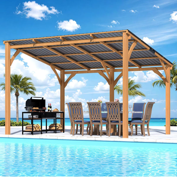 AECOJOY 12' x 10' Wood Gazebo, Outdoor Heavy Duty Wooden Pergola on Clearance, Patio Lean to Hardtop Awnings