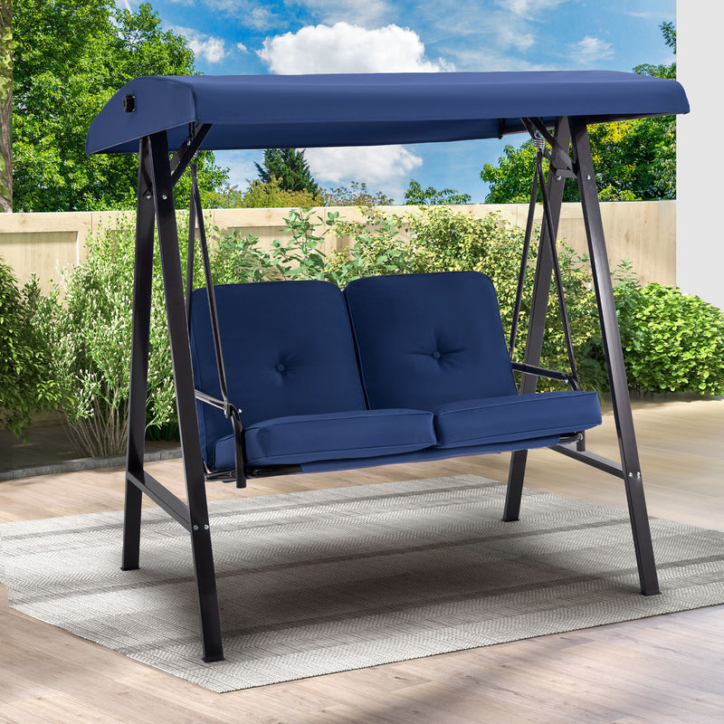 AECOJOY 2 Persons Outdoor Patio Canopy Steel Porch Swing Chair-Dark Blue