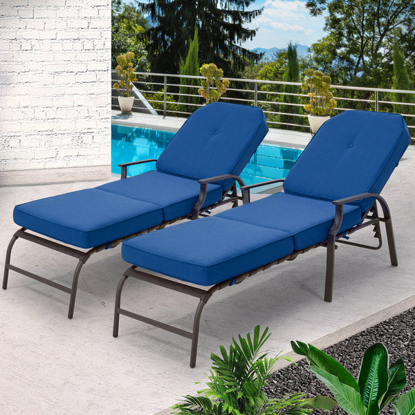 YODOLLA Set of 2 Adjustable Patio Lounge Chair with Thick Cushion Outdoor Chaise Lounge Recliner, Blue