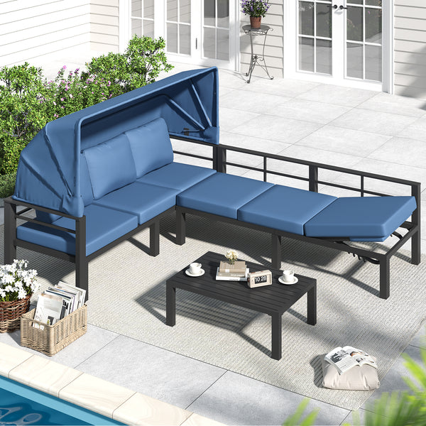 YODOLLA Patio Furniture Sets with Retractable Canopy & 2 Adjustable Backrests, Outdoor Furniture Sets with Coffee Table in Dark Blue