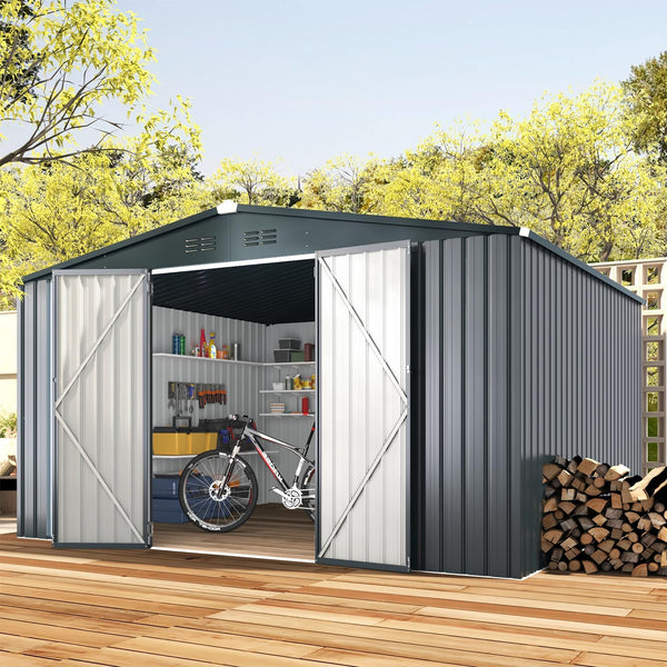 YODOLLA 10 x 12 ft. Outdoor Metal Storage Shed with Sliding Roof & Lockable Door,Dark Grey