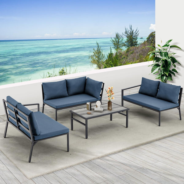 YODOLLA 7 Pieces Aluminum Patio Furniture Set with Waterproof Cover Patio Conversation Set For Outdoor with Navy Cushions