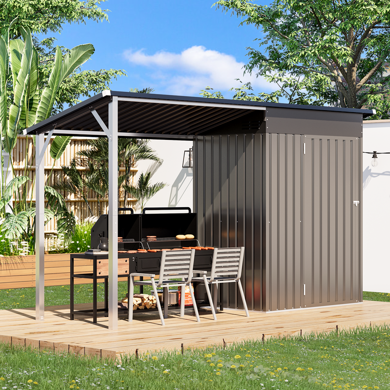 AECOJOY Outdoor Open-Sided Storage Shed, 3x5 Sheds & Outdoor Storage with 15 Sq. Ft Covered, 5x3 Small 2-in-1 Tool Shed with Attached Hardtop Metal Pergola Gazebo