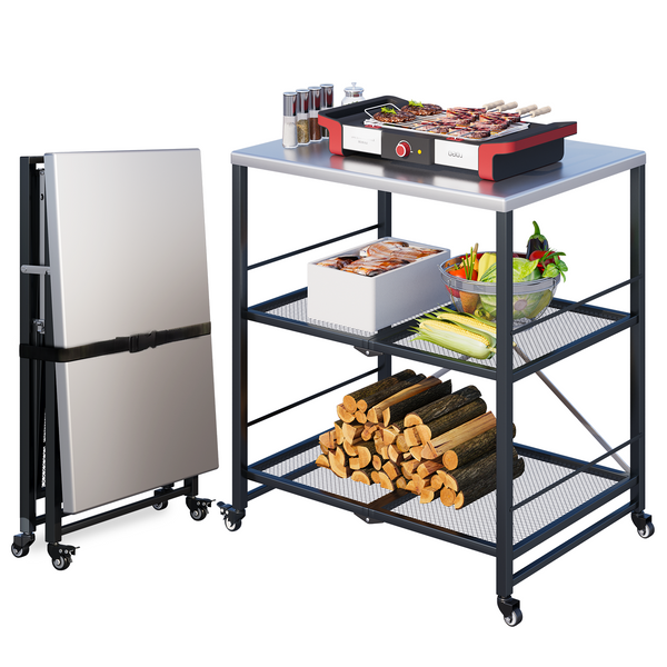 YODOLLA Foldable Outdoor Grill Cart Rolling Dining Table with Three-Shelf,Garden Patio BBQ Kitchen Food Prep Cart,Grey
