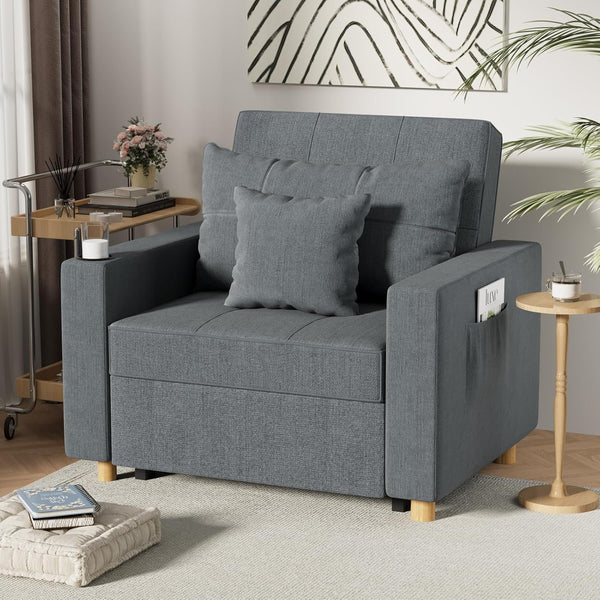 YODOLLA 3-in-1 Futon Convertible Sleeper Sofa Bed Chair with Cup Holder for Living Room,Pull Out Couch in Dark Grey