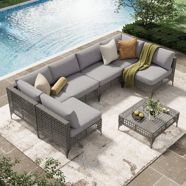YODOLLA 7-Piece Patio Furniture Set with Tea Table, Rattan Wicker Outdoor Sectional Furniture Sofa Conversation Set, Grey Rattan&Light Grey Cushions