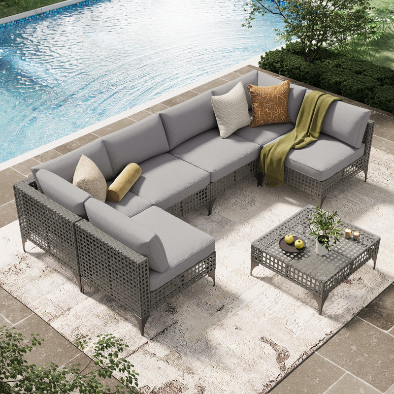 YODOLLA 7-Piece Patio Furniture Set with Tea Table, Rattan Wicker Outdoor Sectional Furniture Sofa Conversation Set, Grey Rattan&Light Grey Cushions