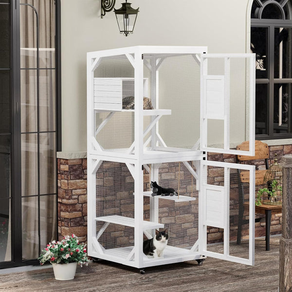 AECOJOY Outdoor Cat House with Wheels Wooden Catio Enclosure with Swing and Resting Box, White
