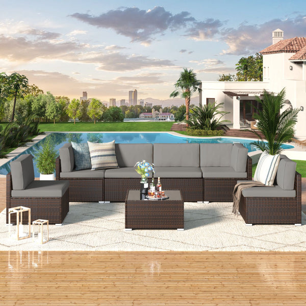 YODOLLA 7-Piece Patio Furniture Set, Brown Rattan Wicker Sectional Sofa Couch Outdoor Conversation Set with Table In Gray