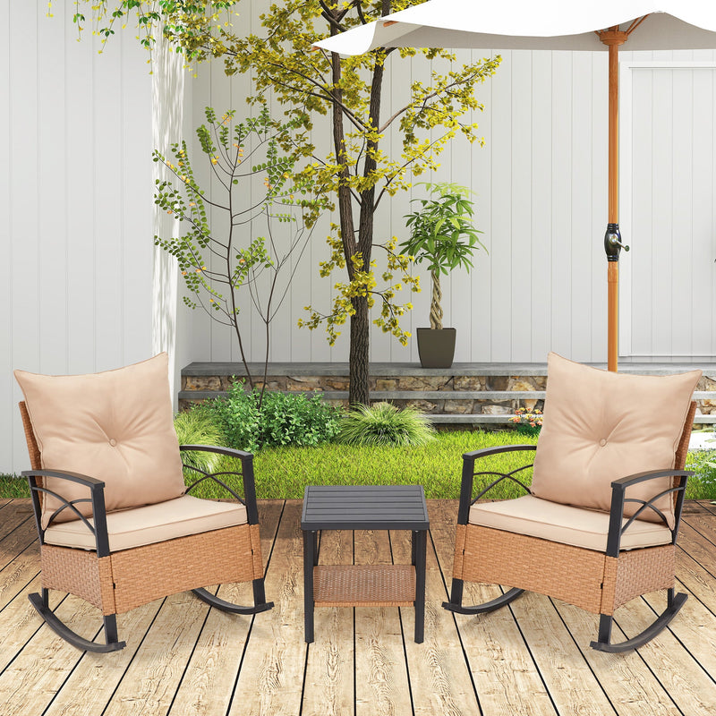 3-Piece Bistro Set: Outdoor Rattan Rocking Chairs with Cushions and Coffee Table