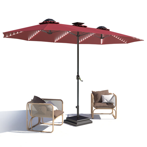 YODOLLA 15ft Patio Umbrella with Solar Lights, Outdoor Large Double Umbrella with 156 PCS LED Lights and Crank Handle for Backyard Deck Pool Shade, Red