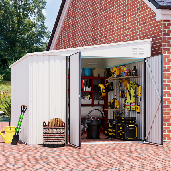 YODOLLA 8' x 10' Outdoor Metal Storage Side Shed with Lockable Door Metal Attached Lean-To Shed for Backyard in White