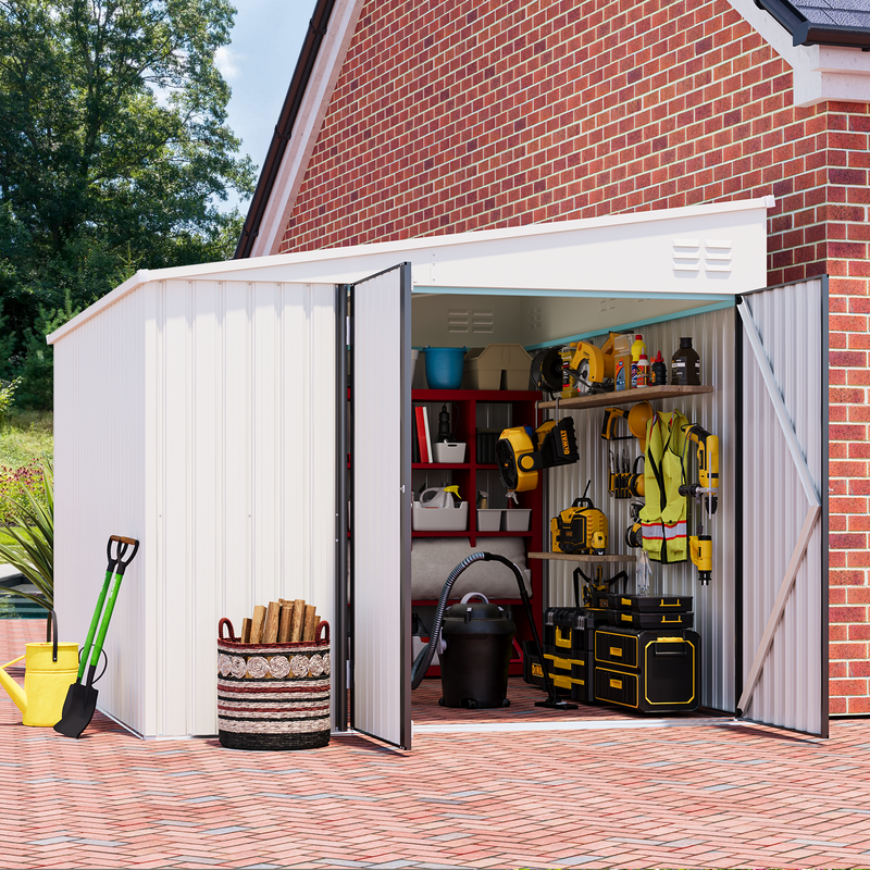 YODOLLA 8' x 10' Outdoor Metal Storage Side Shed with Lockable Door Metal Attached Lean-To Shed for Backyard in White