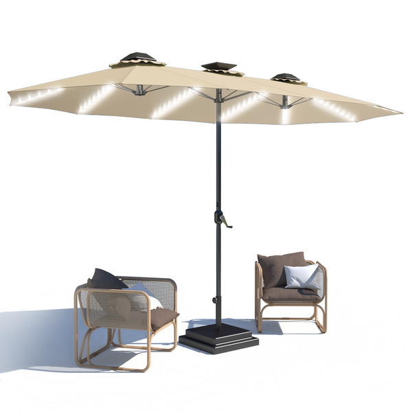 YODOLLA 15ft Patio Umbrella with Solar Lights, Outdoor Large Double Umbrella with 156 PCS LED Lights and Crank Handle for Backyard Deck Pool Shade,Tan