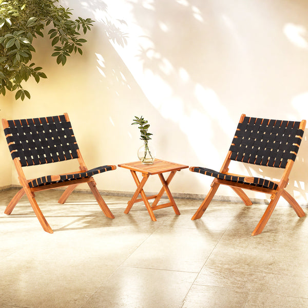 YODOLLA Patio Bistro Sets 3 Pieces Outdoor Folding Chair Outdoor Acacia Wood Natural Lounge Chair for Patio, Lawn, Garden, Fishing, Black
