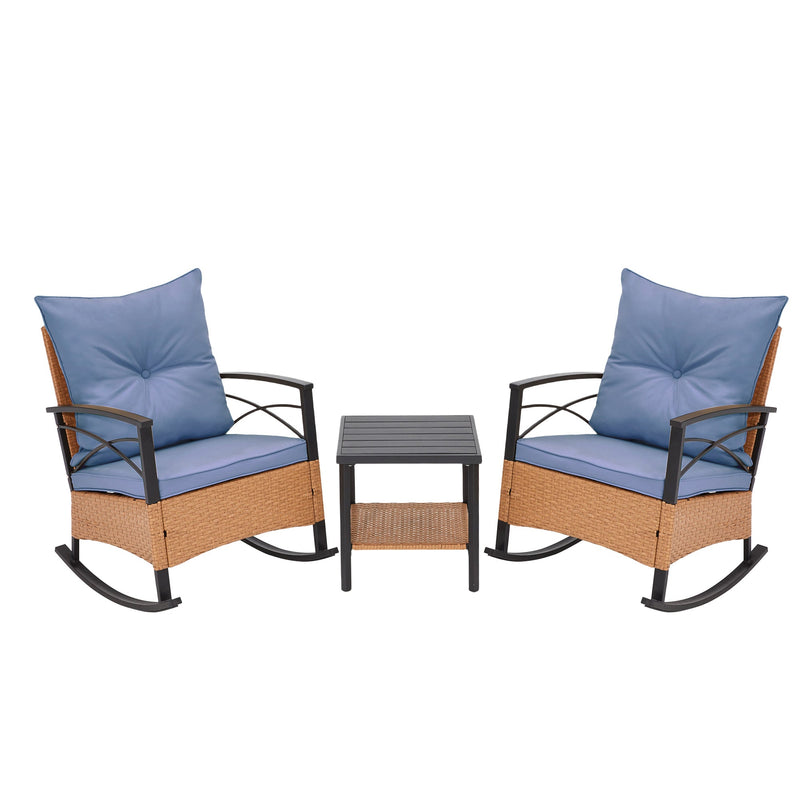 3-Piece Bistro Set: Outdoor Rattan Rocking Chairs with Cushions and Coffee Table
