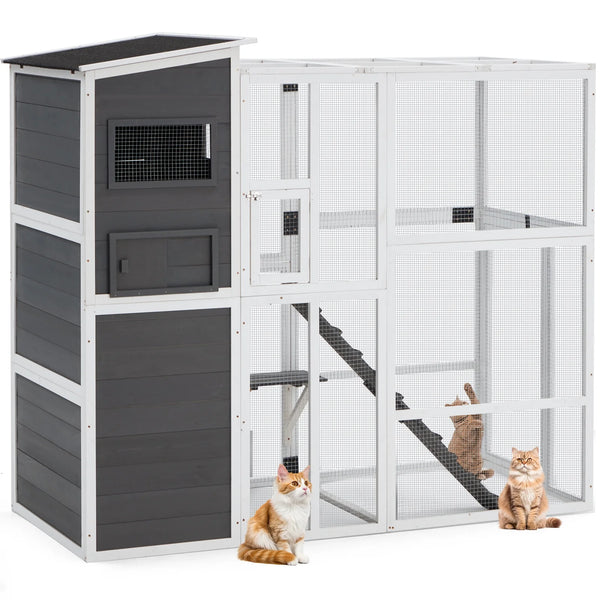 70'' H Large Wooden Catio Outdoor Cat Enclosure,Grey