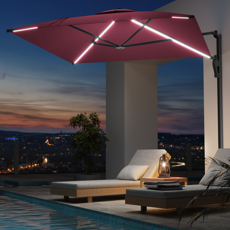 AECOJOY 10 ft Wall Mounted Patio Umbrella with Solar LED Lights Outdoor Rectangle Umbrella with 180° Rotation for Outside in Red