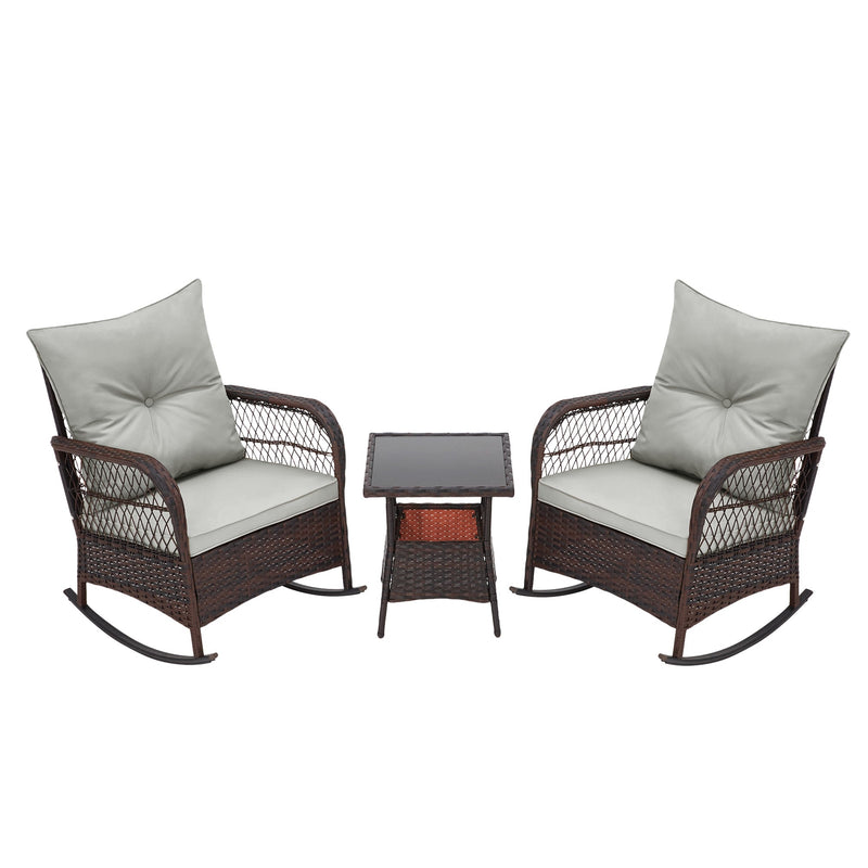 3-Piece Rattan Rocking Bistro Set with Glass Coffee Table for Porch & Garden