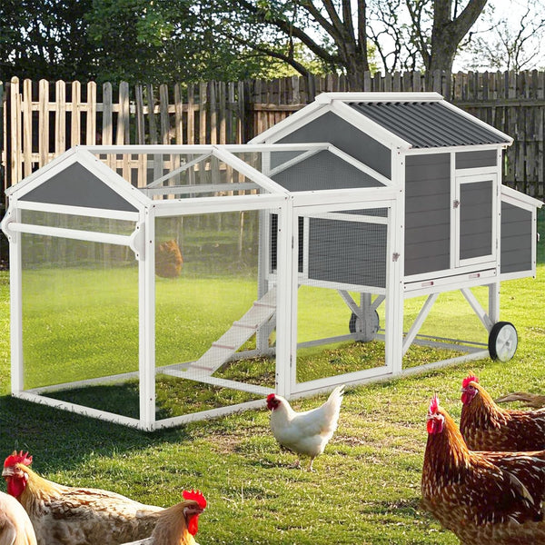 YODOLLA 95“ Chicken Coop with Wheels, Large Wooden Chicken Coop with Run & 2 Nesting Boxes Hen House Poultry Cage Chicken Hutch, Grey&White