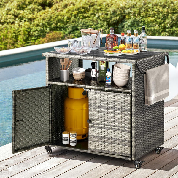 YODOLLA Outdoor Wicker Bar Table with Wheels & Shelf Patio Serving Table Outdoor Storage Cabinet, Gray