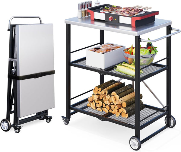 AECOJOY Foldable Outdoor Grill Cart 3 Tiers Stainless Steel Rolling Cart with Wheels Metal Utility Storage Trolley,Black