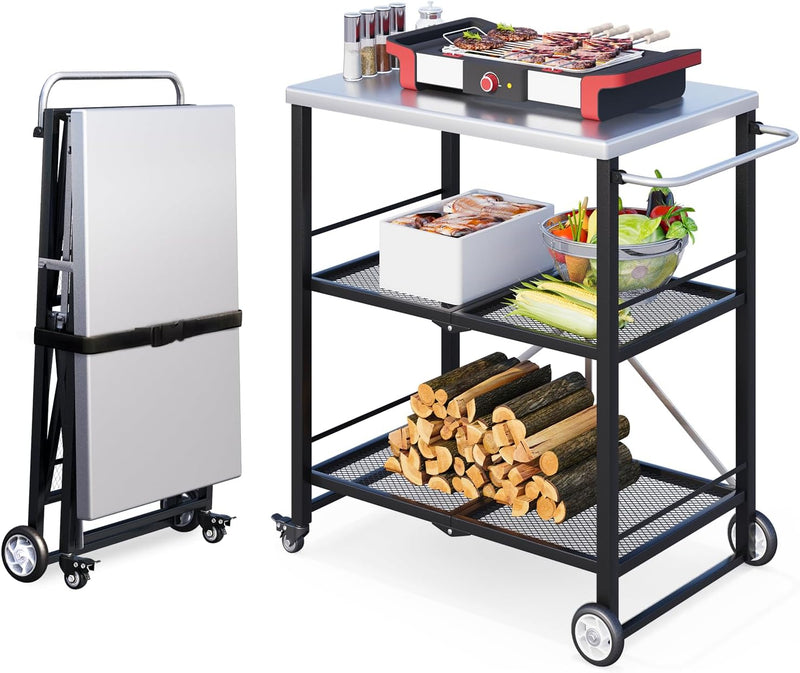 AECOJOY Foldable Outdoor Grill Cart 3 Tiers Stainless Steel Rolling Cart with Wheels Metal Utility Storage Trolley,Black