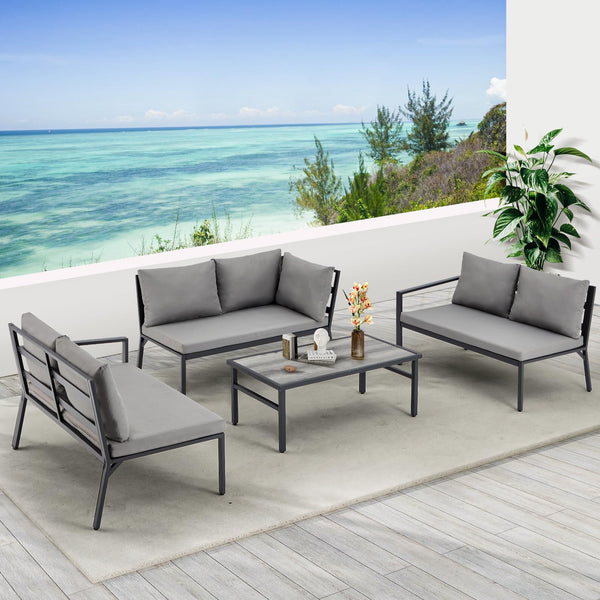 YODOLLA 7 Pieces Aluminum Patio Furniture Set with Waterproof Cover Patio Conversation Set For Outdoor with Grey Cushions