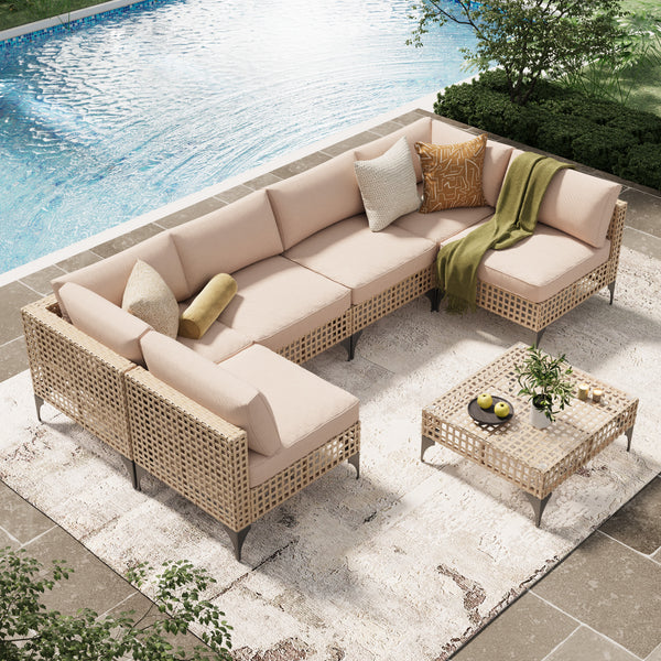 AECOJOY 7-Piece Patio Furniture Set, Boho Style Rattan Wicker Sectional Sofa Couch in Light Brown Rattan&Beige Cushions