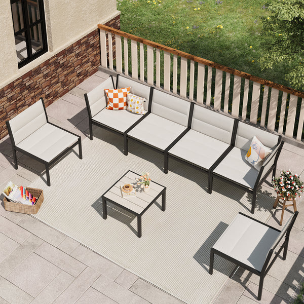 AECOJOY Outdoor Furniture Sets, 7 Pieces Cotton-Filled Textilene Fabric Outdoor Coffee Table and Chairs for Garden, Off-White