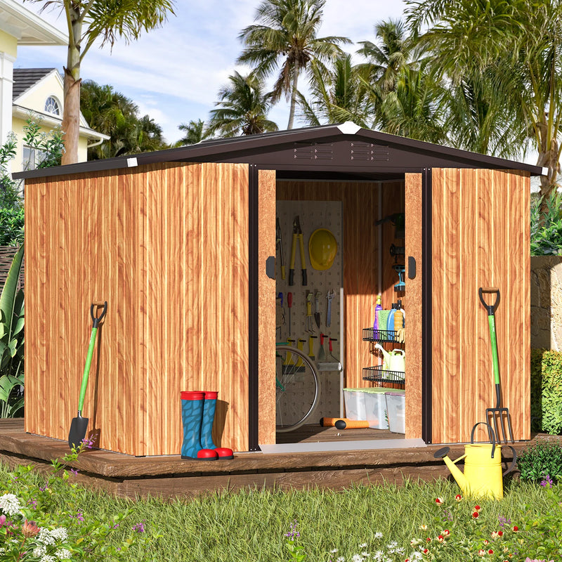 U-MAX 8 x 6 ft. Wood Grain Outdoor Metal Storaged She with Lockable Door Patio Garden Storage Building for Outside