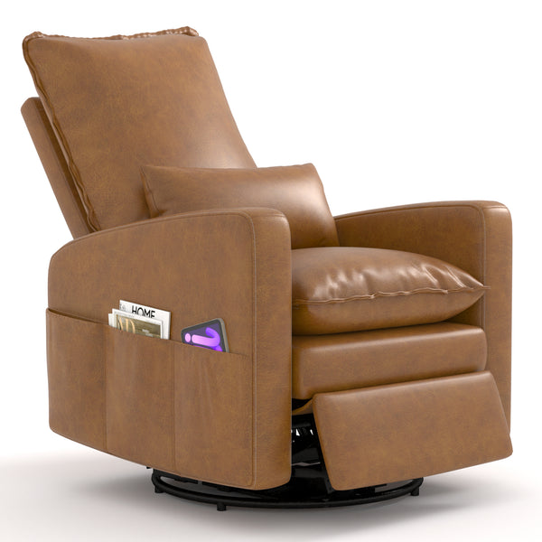 YODOLLA Power Swivel Recliner Chair Faux Leather Glider Swivel Rocker Recliner for Living Room Reclining Sofa Chair for Nursery with USB and Type-C Ports,Brown