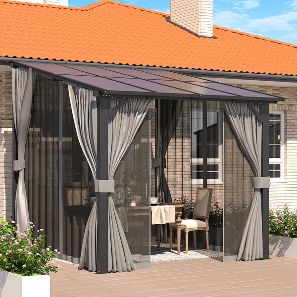 YODOLLA 8' x 8' Hardtop Gazebo Outdoor Lean to Gazebo with Netting and Curtain Aluminum Metal Pergola For Garden, Patio, Backyard-Dark Gray