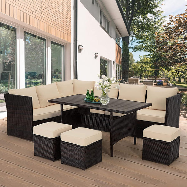 AECOJOY 7 Piece Patio Conversation Set, Outdoor Sectional Sofa Rattan Wicker Dining Furniture in Beige