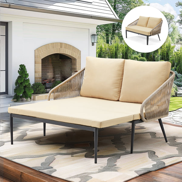 AECOJOY Outdoor Double Chaise Lounge Chair, Convertible Patio Loveseat Sofa Couch with Cushions, All-Weather Wicker/Metal Seating Furniture for Outside, Pool, Balcony, Beige