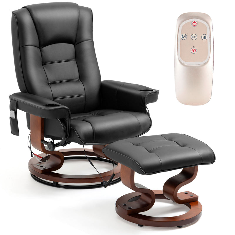 AVAWING Reclining Chair with Vibration Massage Faux Leather Recliner with Ottoman Swivel Wood Recliner Chairs for Living Room, Black