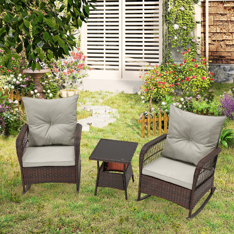 3-Piece Rattan Rocking Bistro Set with Glass Coffee Table for Porch & Garden