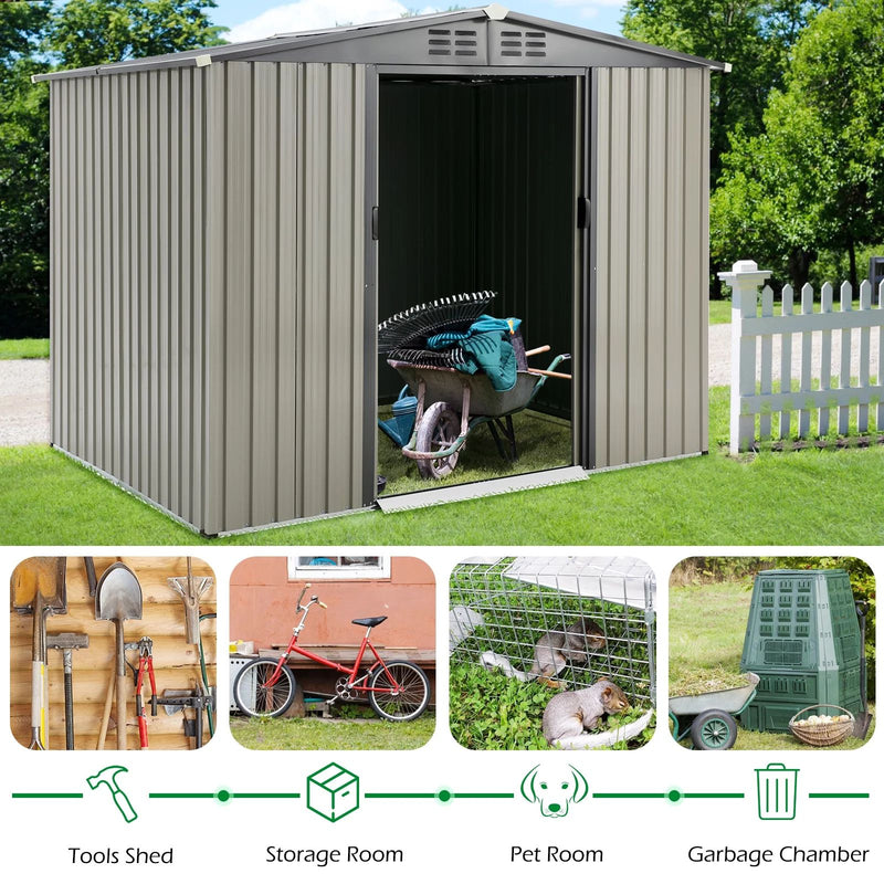 AECOJOY Galvanized Steel Outdoor Storage Shed with Sliding Door, 8 x 6 ft. Metal Storage Building